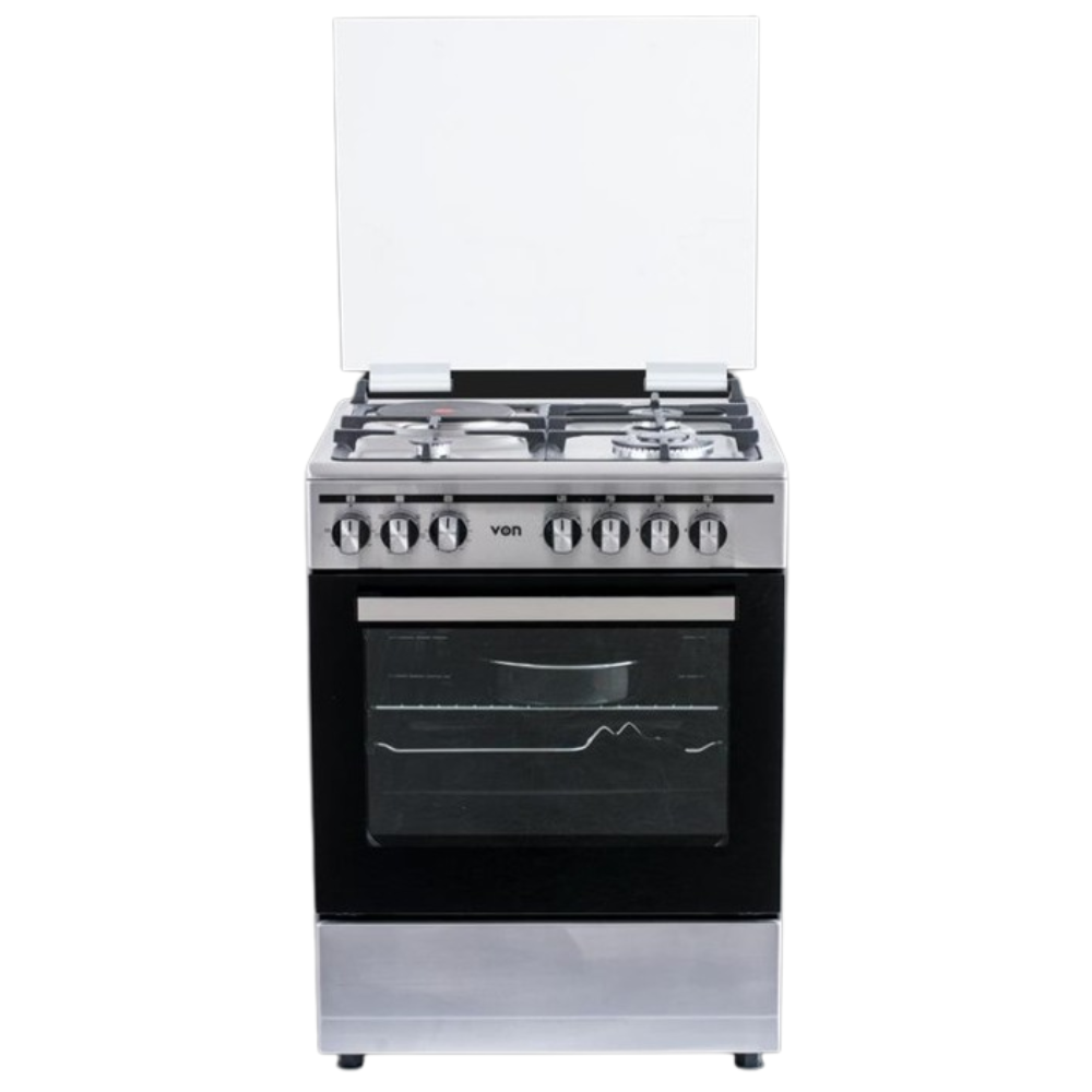 Key Highlights 3 Gas + 1 Electric Hybrid Top – Features three high-velocity gas burners and a rapid 1500W electric plate for ultimate fuel flexibility. Flame Failure Safety Device (FFD) – Integrated sensors that automatically cut off the gas supply if the flame is accidentally extinguished by wind or spills. 5-Function Fan-Assisted Oven – Advanced convection technology that circulates hot air for perfectly even baking and roasting across all racks. Thick Matt Enamel Pan Supports – Professional-grade, non-slip grids that offer a rock-solid foundation for heavy cast-iron and stainless steel pots. Door Thermometer & Mechanical Timer – Real-time temperature monitoring and audible alerts to ensure your cakes and roasts never overcook. Silver Enamel Oven Cavity – High-density interior finish that reflects oven light better and makes grease removal effortless. Double Glass Ventilated Oven Door – Enhanced thermal insulation that keeps the exterior glass cool to the touch while trapping heat inside. Integrated One-Hand Ignition – Convenient ignition system built directly into the control knobs for effortless lighting without matches. Easily Removable Glass Door – A tool-free design that allows you to remove the inner glass panels for deep cleaning of grease and splatters. Adjustable Leveling Feet – Heavy-duty legs that allow the cooker to stand perfectly level on uneven kitchen floors.